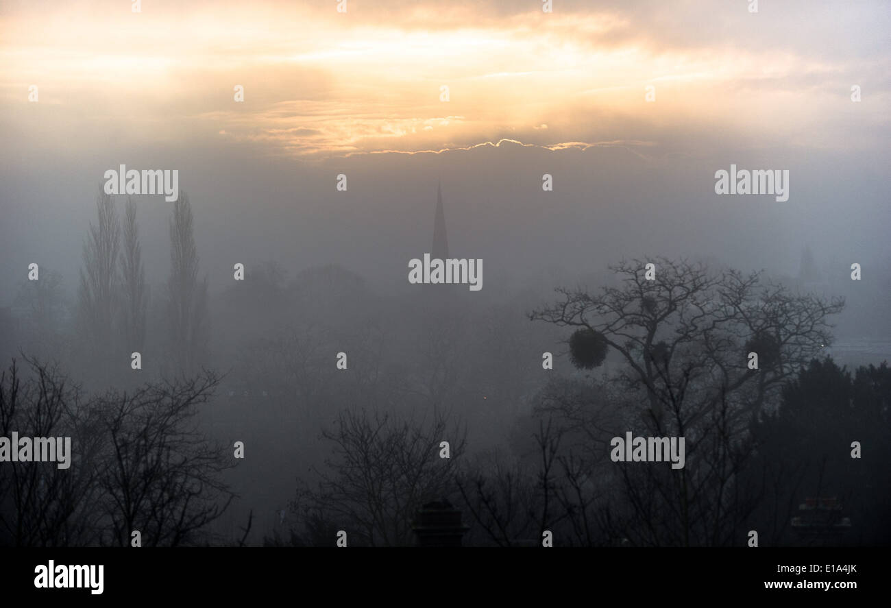 La ville de Cambridge est obscurci par le brouillard comme vu de la colline du Château, le 21 janvier 2014. Banque D'Images