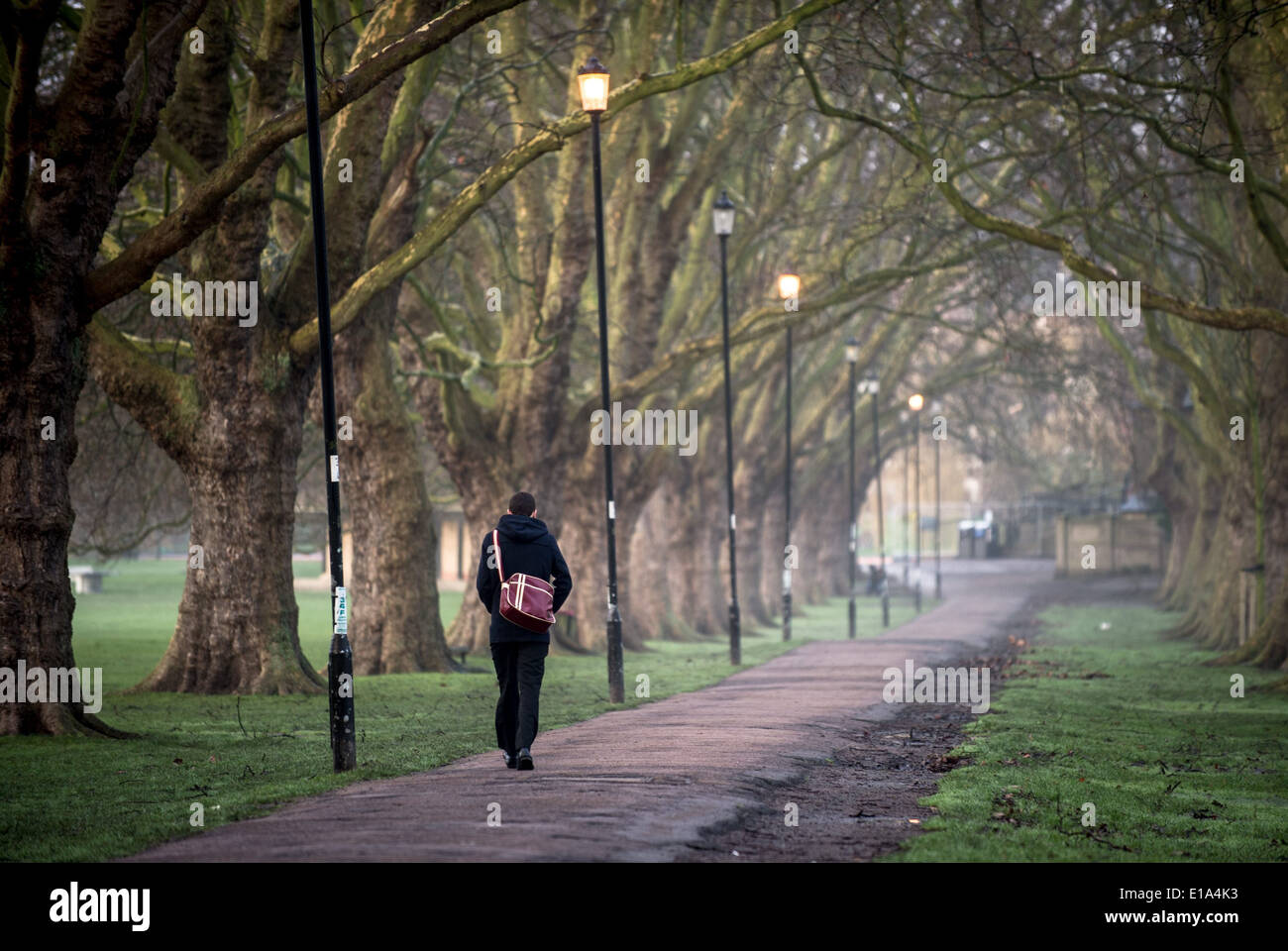 Un walker jouit du matin brumeux à Cambridge, le 21 janvier 2014. Banque D'Images