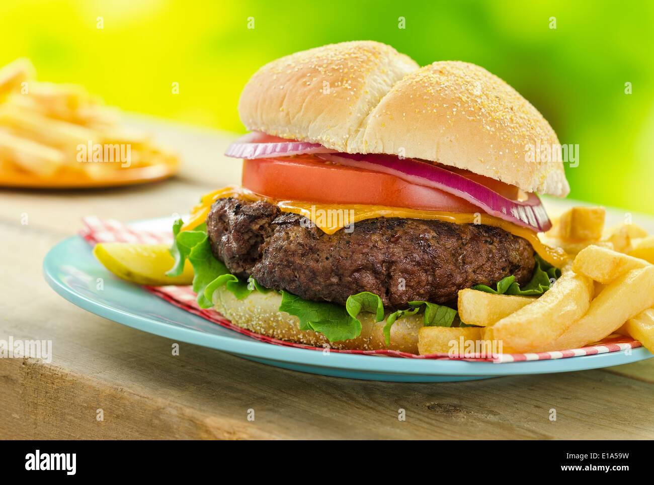 Un délicieux grillés cheeseburger et frites dans un barbecue pique-nique en plein air. Banque D'Images