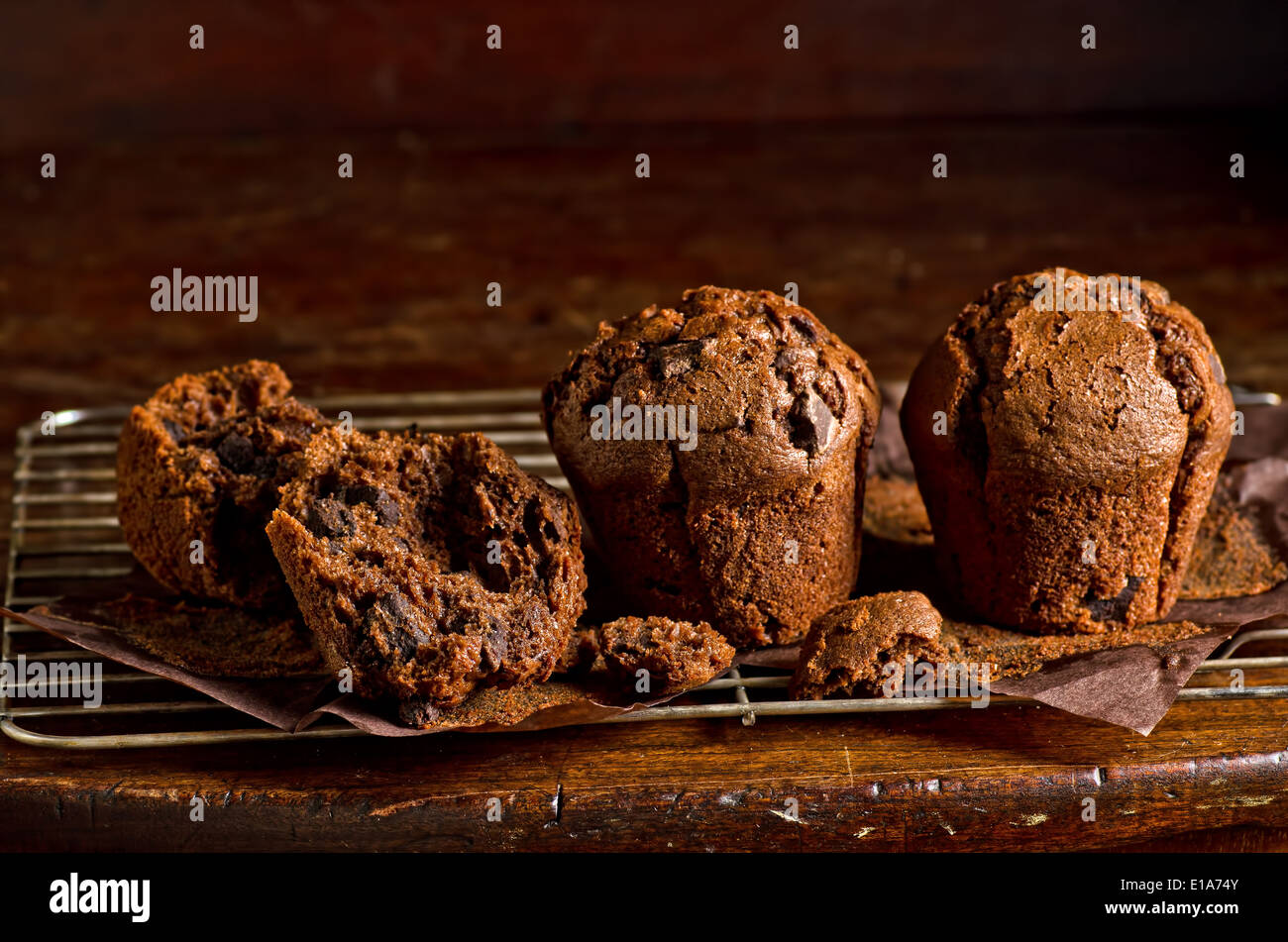 Muffins aux pépites de chocolat double sur une grille de refroidissement. Banque D'Images