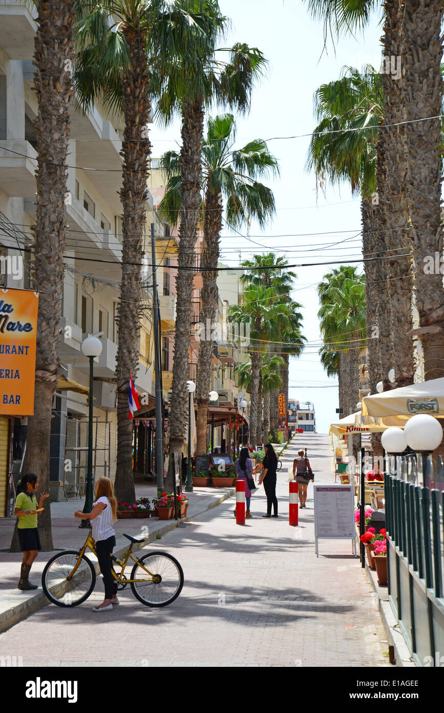 Rue bordée de palmiers sur la place principale, Buġibba, Saint Paul's Bay (San Pawl il-baħar), District Nord, République de Malte Banque D'Images