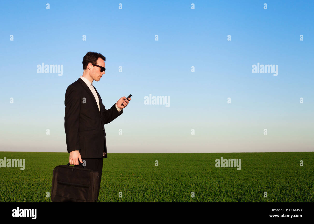 Woman with smartphone in green field Banque D'Images