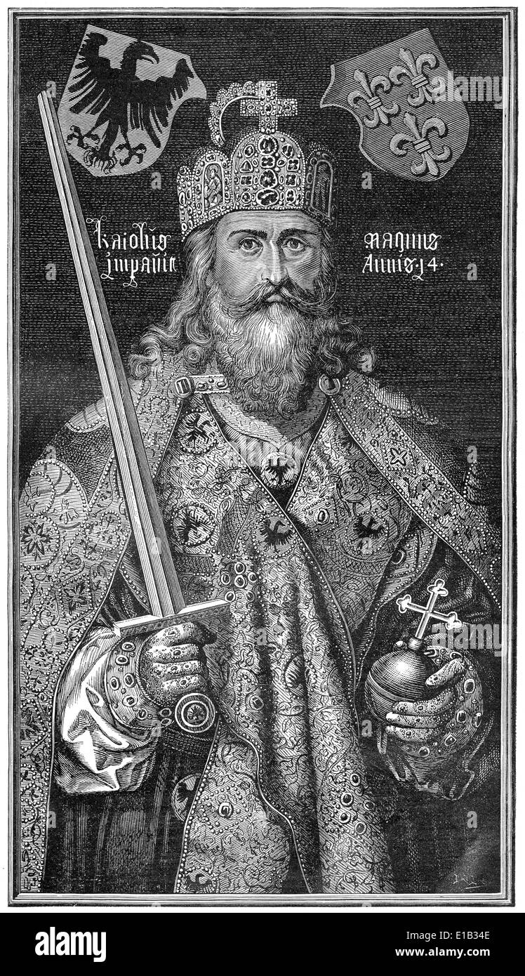 Charlemagne, portant le costume impérial, Charles le Grand ou Carolus Magnus, 747-814, Roi des Francs et empereur Banque D'Images