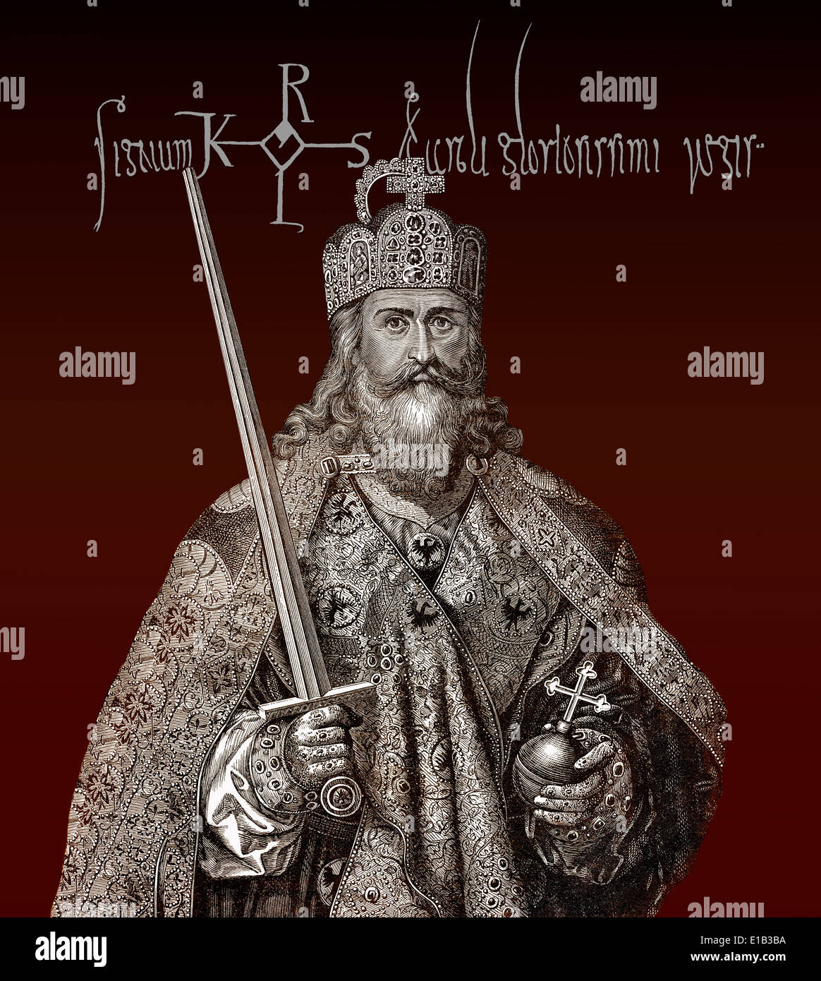 Charlemagne, avec les insignes impériaux, Charles le Grand ou Carolus Magnus, 747-814, Roi des Francs et empereur, monogramme Banque D'Images