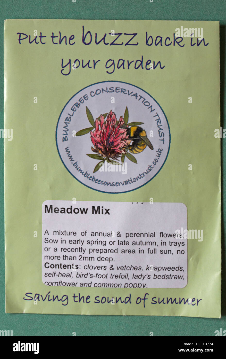 Mettre le buzz de retour dans votre jardin d'enregistrer le son de l'été Meadow Mix sachet de graines de fleurs sauvages isolé sur fond vert Banque D'Images
