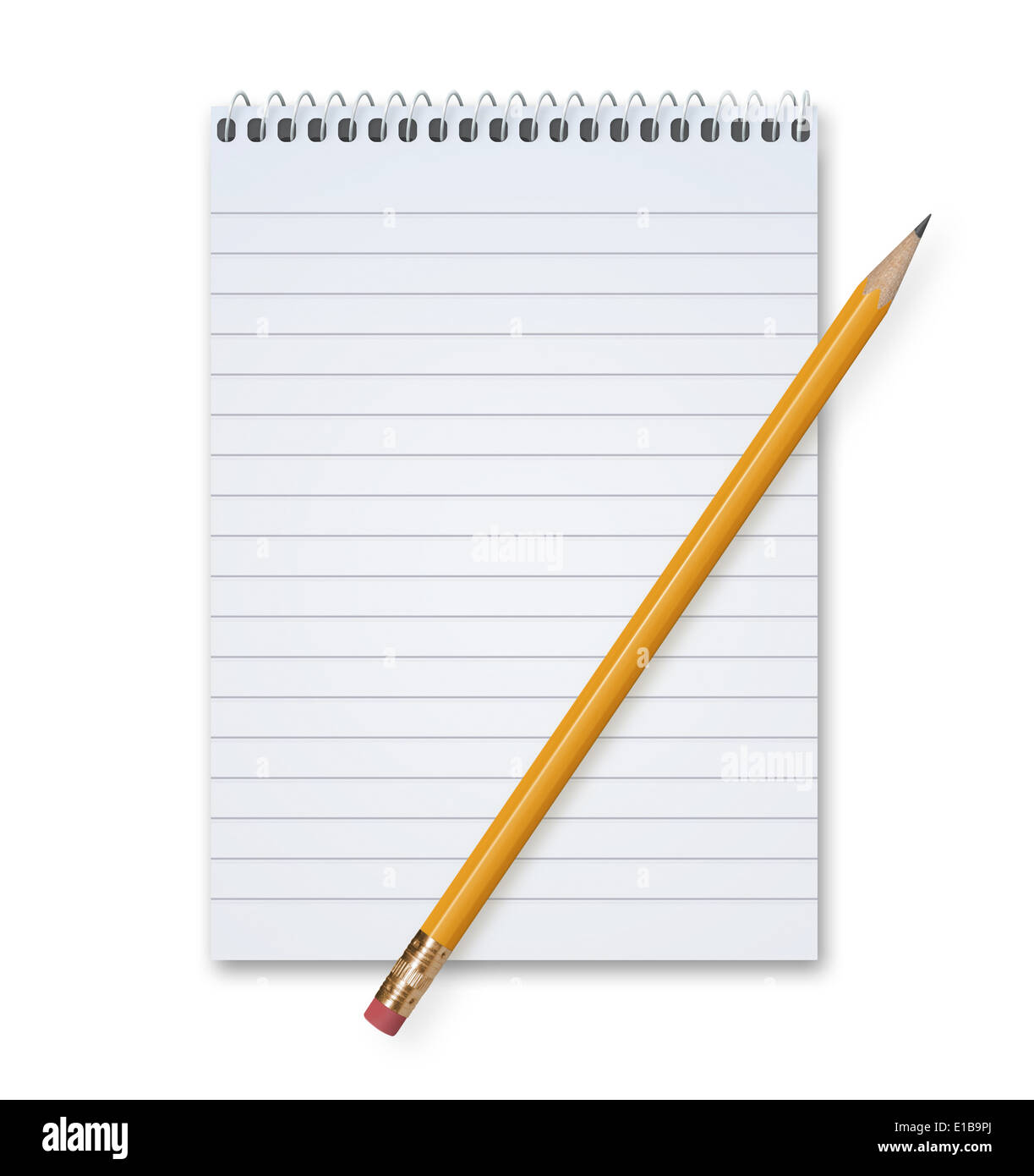 Crayon Orange sur un blank notepad avec spirale métallique avec beaucoup d'espace de copie, isolé sur un fond blanc avec l'ombre. Banque D'Images