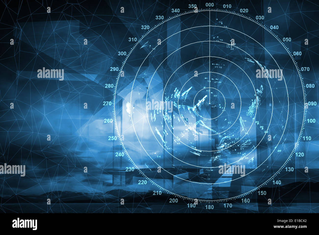 Navire moderne au-dessus de l'écran radar digital blue abstract background Banque D'Images