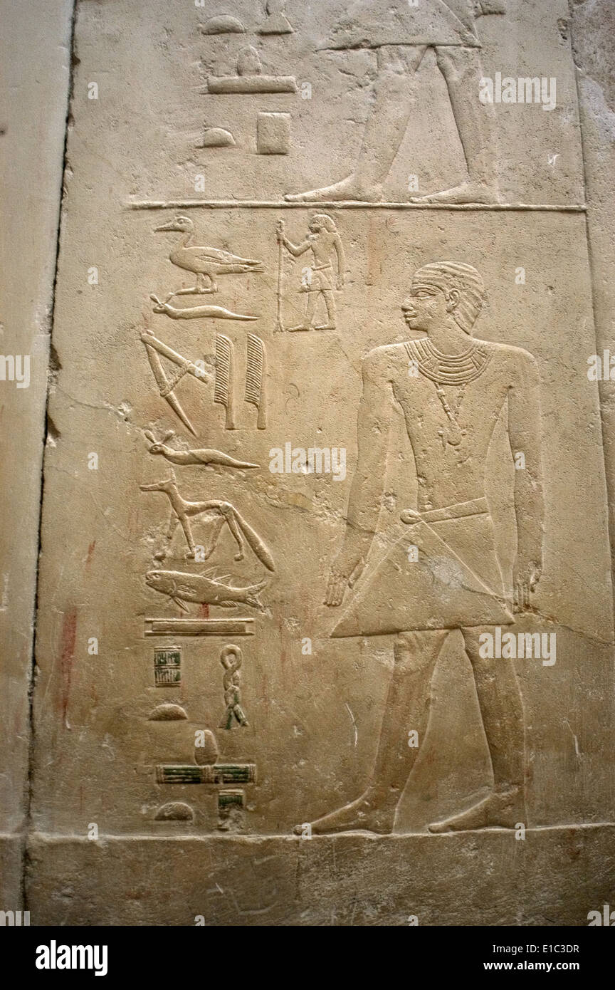 Mastaba de Ptahhotep et Akhethotep. 5ème dynastie. Relief polychrome. La figure masculine. Saqqara. L'Égypte. Banque D'Images