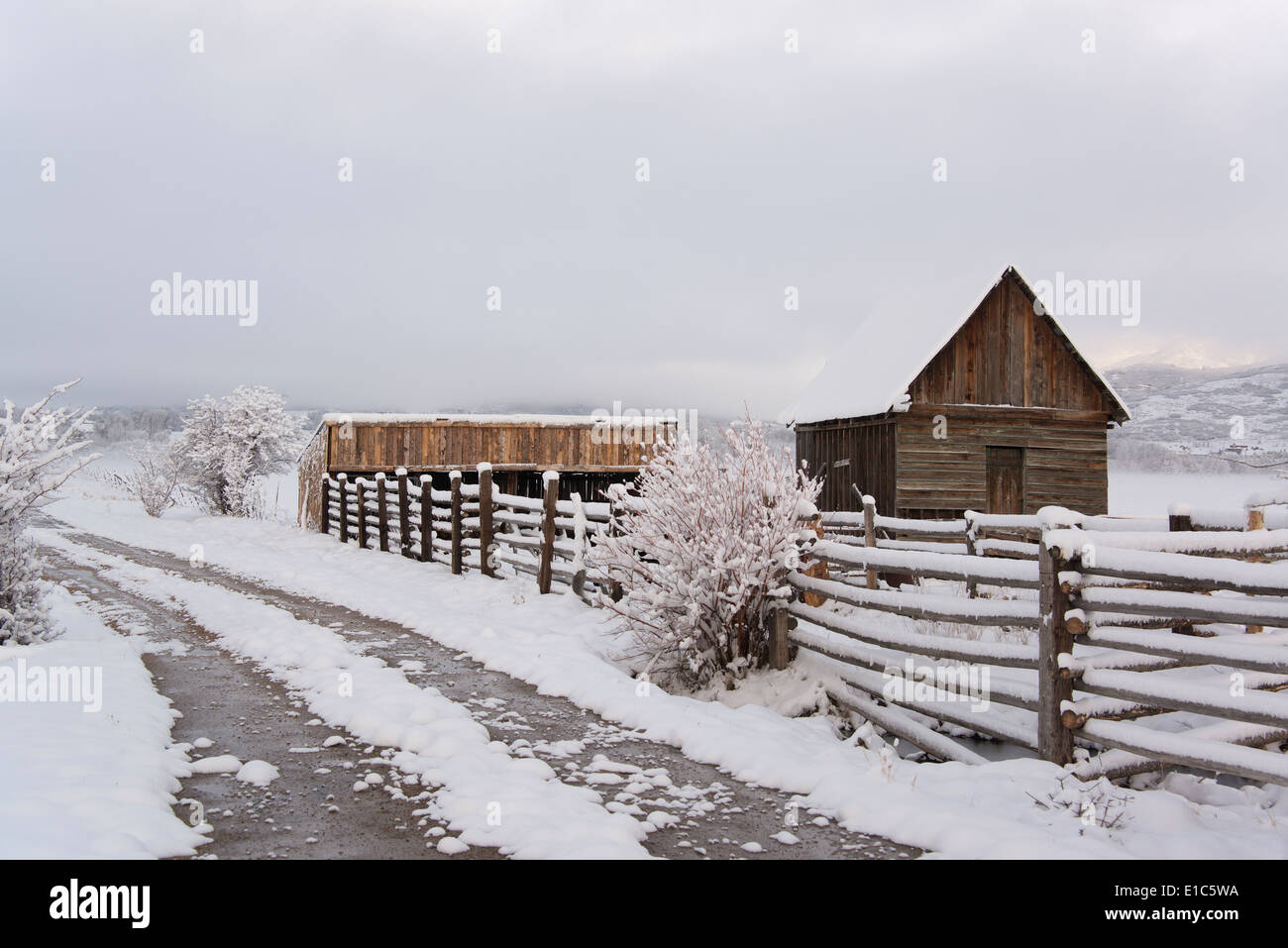 Une grange et enclos avec l'escrime dans la neige dans la région des lacs de la rivière Verte. Banque D'Images