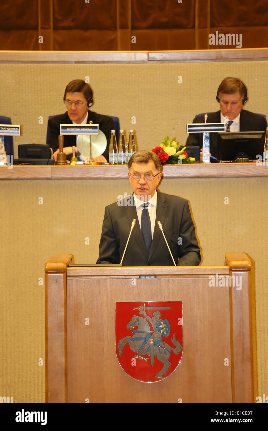 Vilnius. 30 mai, 2014. Le Premier ministre lituanien Algirdas Butkevicius parle lors de la session de printemps de l'Assemblée parlementaire de l'OTAN (AP) à Vilnius, le 30 mai 2014. L'Assemblée parlementaire de l'OTAN (AP) a commencé sa session de printemps ici vendredi, réunissant quelque 600 participants. La session s'exprimer sur la situation en Ukraine, l'Afghanistan, la Géorgie, l'intégration euro-atlantique de sécurité transatlantique, et l'espace de cyber sécurité, etc. © Bu Peng/Xinhua/Alamy Live News Banque D'Images