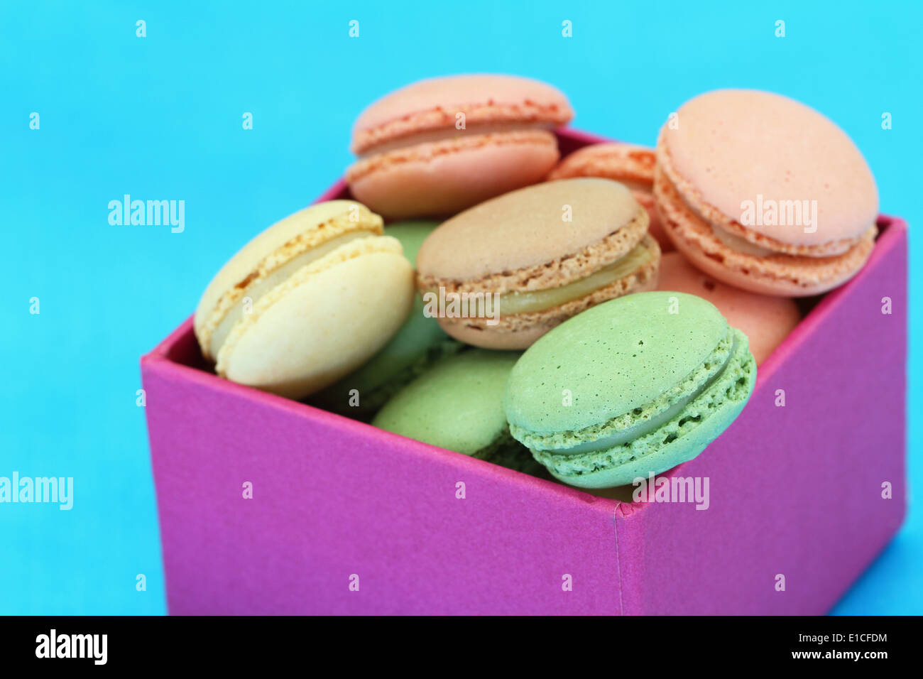 Sélection de macarons en violet box with copy space Banque D'Images