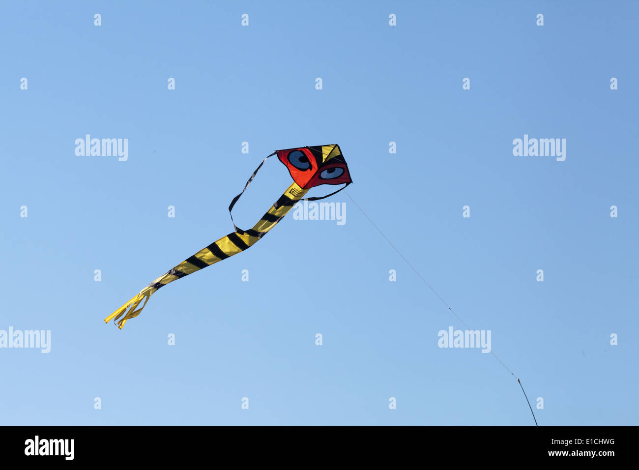 Cerf-volant d'effarouchement des oiseaux, avec beaucoup d'accent sur les yeux. Utilisé pour agir comme un dispositif d'effarouchement sur une récolte de pois. Utilisation de couleurs d'avertissement de danger, les yeux Banque D'Images