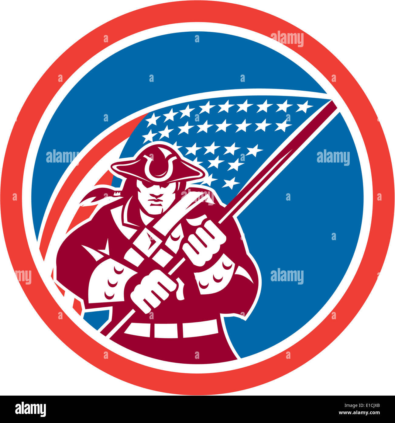 Illustration d'un patriote américain holding brandissant un drapeau à l'intérieur d'un cercle avec le contexte isolé. Banque D'Images