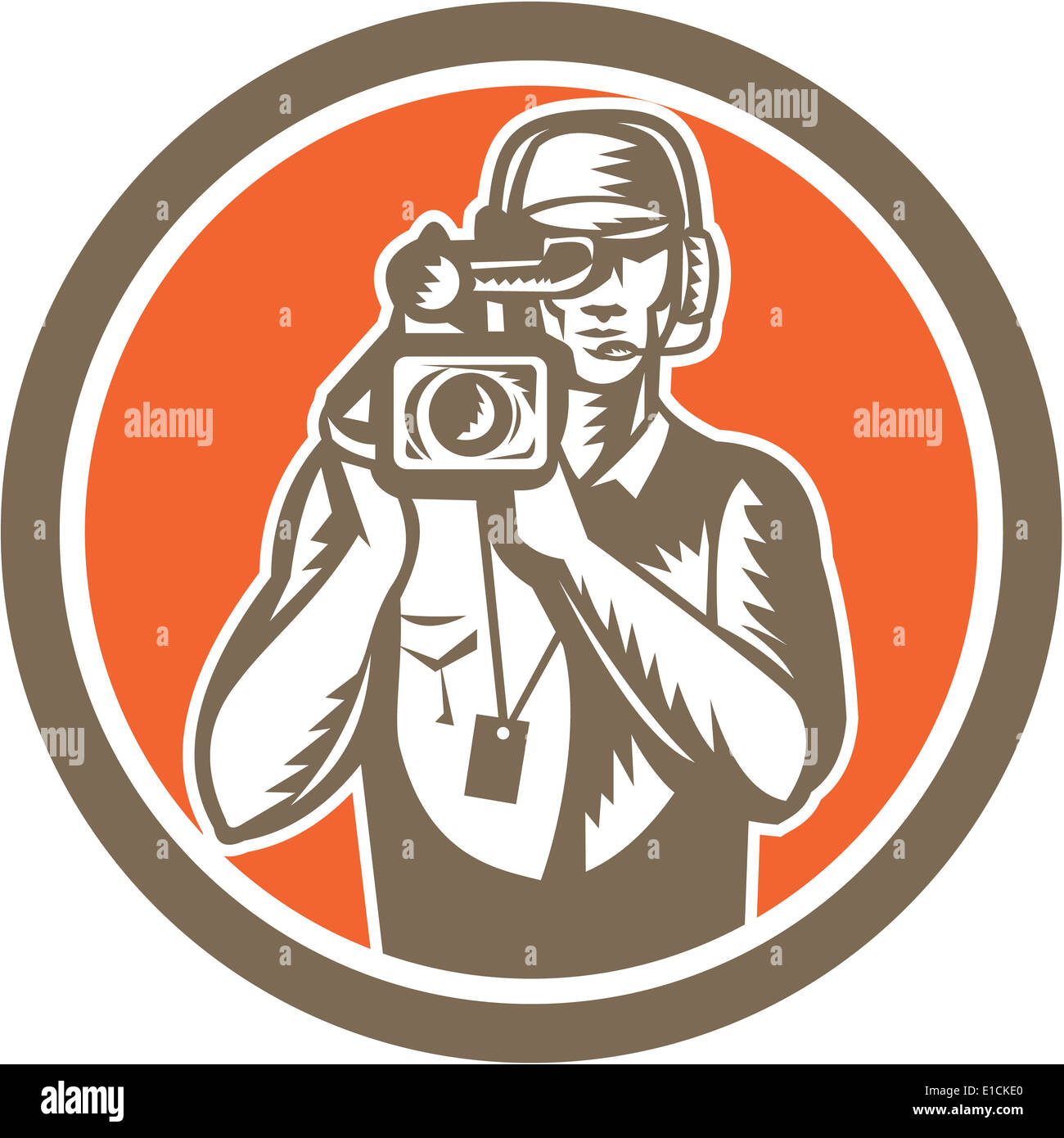 Illustration d'un cameraman film director holding vintage tournage film video caméra réglée à l'intérieur du cercle fait en style rétro. Banque D'Images