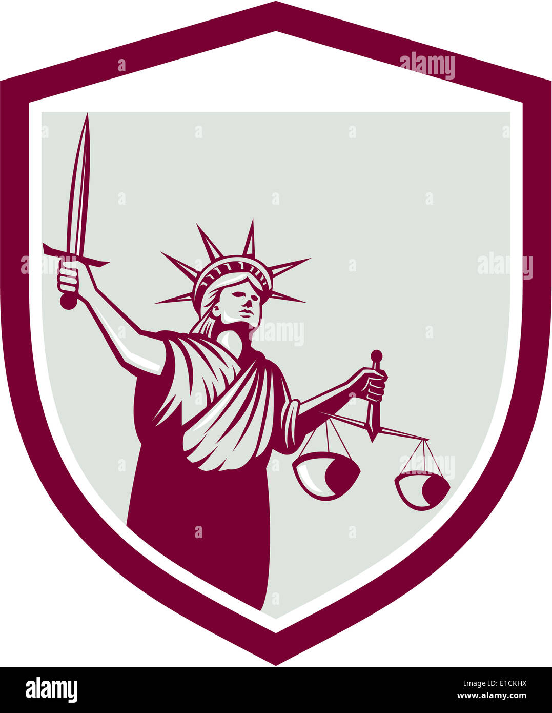 Illustration de dame de la statue de la liberté face à l'avant la tenue d''une balance de la justice et tenant un sabre fixé à l'intérieur du bouclier crest isolées sur fond blanc. Banque D'Images