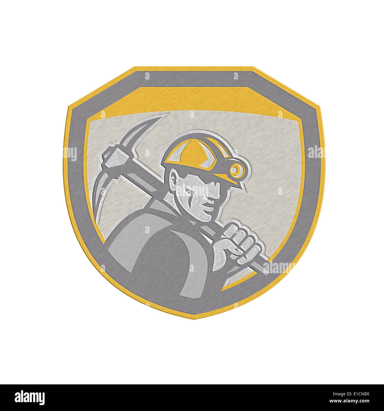 Illustration de style métallique d'un casque de mineur de charbon à l'intérieur d'un axe de sélection de portefeuille shield fait en style rétro. Banque D'Images