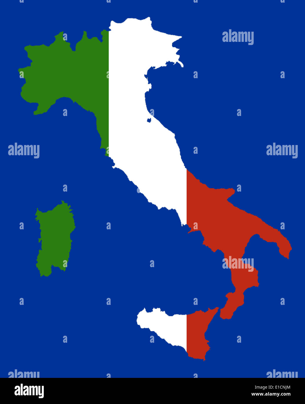 Les couleurs du drapeau italien dans la forme d'une carte de l'Italie Banque D'Images