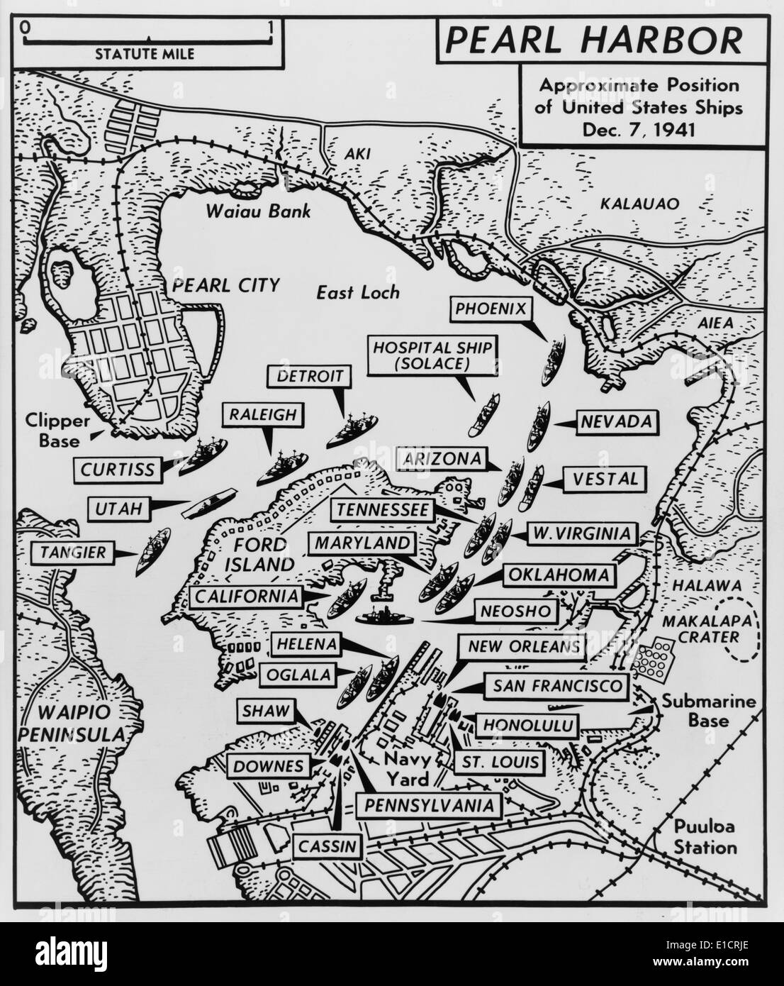 Plan de Pearl Harbor avec l'emplacement des navires juste avant l'attaque japonaise le 7 décembre 1941. (BSLOC 2013  11 134) Banque D'Images