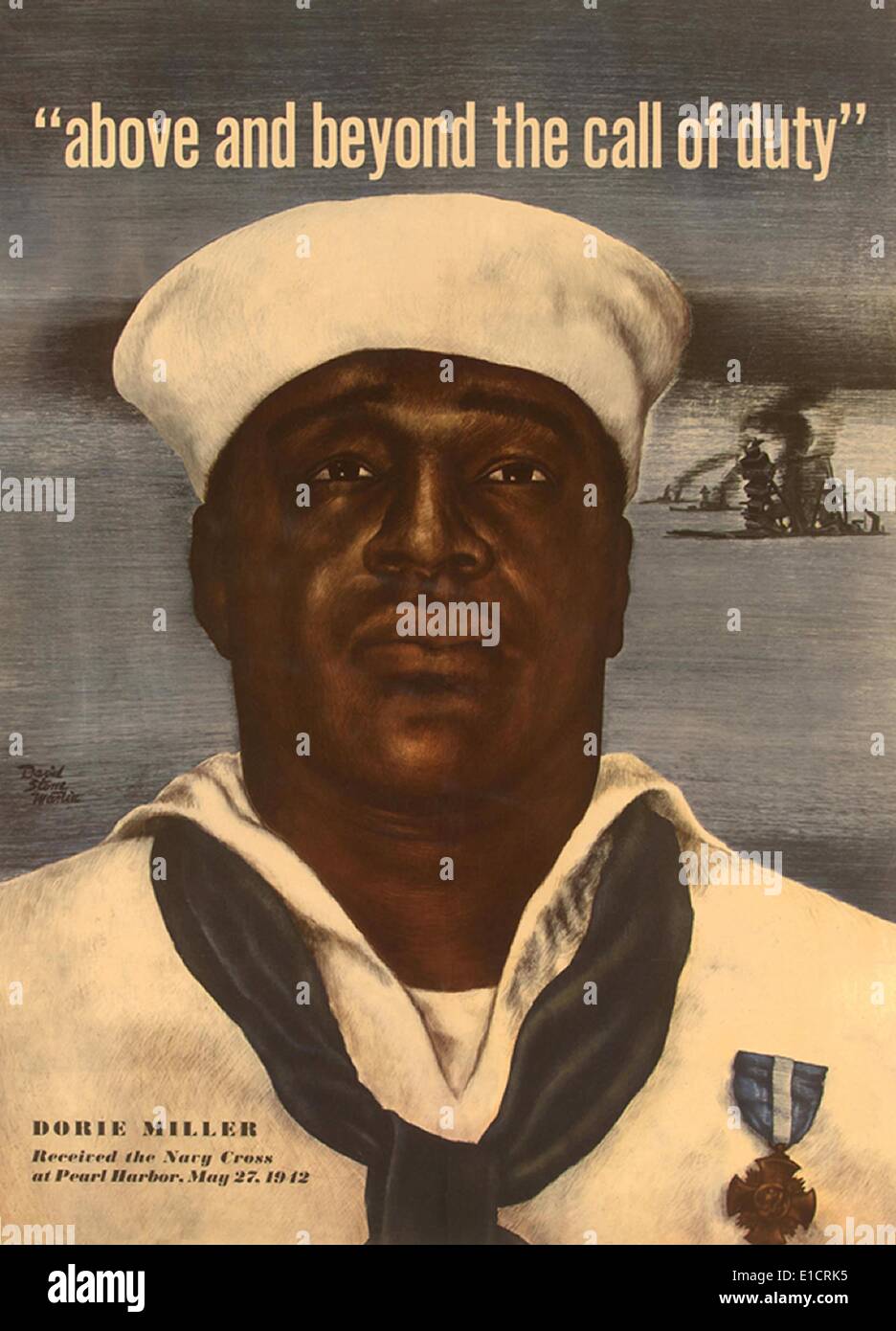 World War 2 poster avec un portrait de Doris 'Dorie' Miller. Il a reçu la Croix de la Marine pour héroïsme lors de l'attaque sur Pearl Banque D'Images