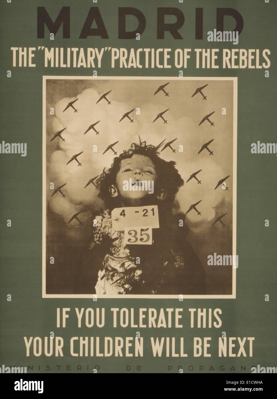 L'affiche de la langue anglaise républicaine nationaliste s'attaquer à la pratique des bombardements aériens. Les Nationalistes (rebelles) ont été Banque D'Images