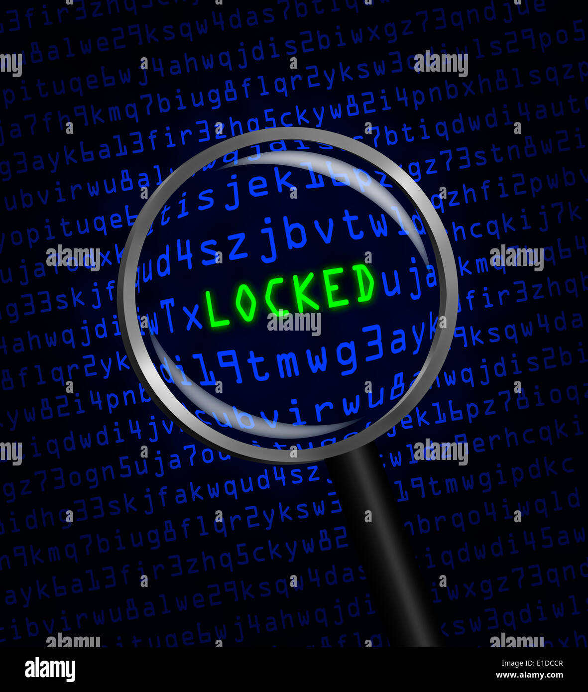 Le mot 'LOCKED' en vert révélé en code machine ordinateur bleu à travers une loupe. Banque D'Images