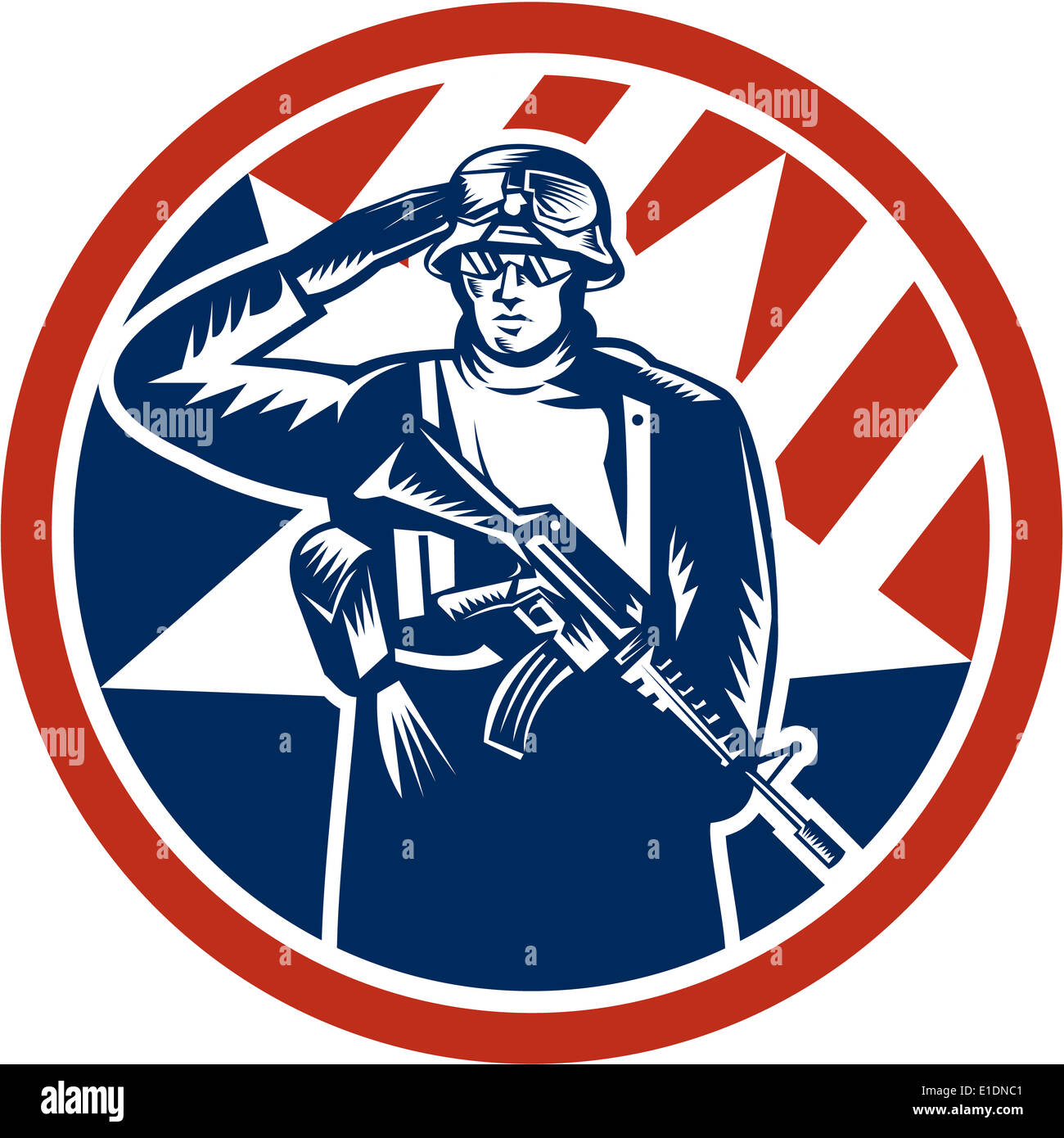 Illustration d'un soldat américain militaire saluant holding rifle fusil face à l'avant à l'intérieur du cercle fait en style rétro. Banque D'Images