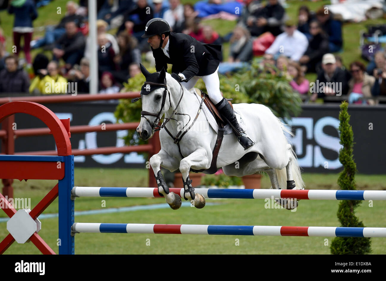 Hambourg, Allemagne. 31 mai, 2014. Canada's Eric Lamaze sur Check Picobello Z lors de la Poresta Youngster-Cup à Hambourg, Allemagne, le 31 mai 2014. Le cso dressage allemande et championnats ont lieu du 28 mai au 01 juin au Klein Le Fottbek à Hambourg. Photo : DANIEL REINHARDT/dpa/Alamy Live News Banque D'Images