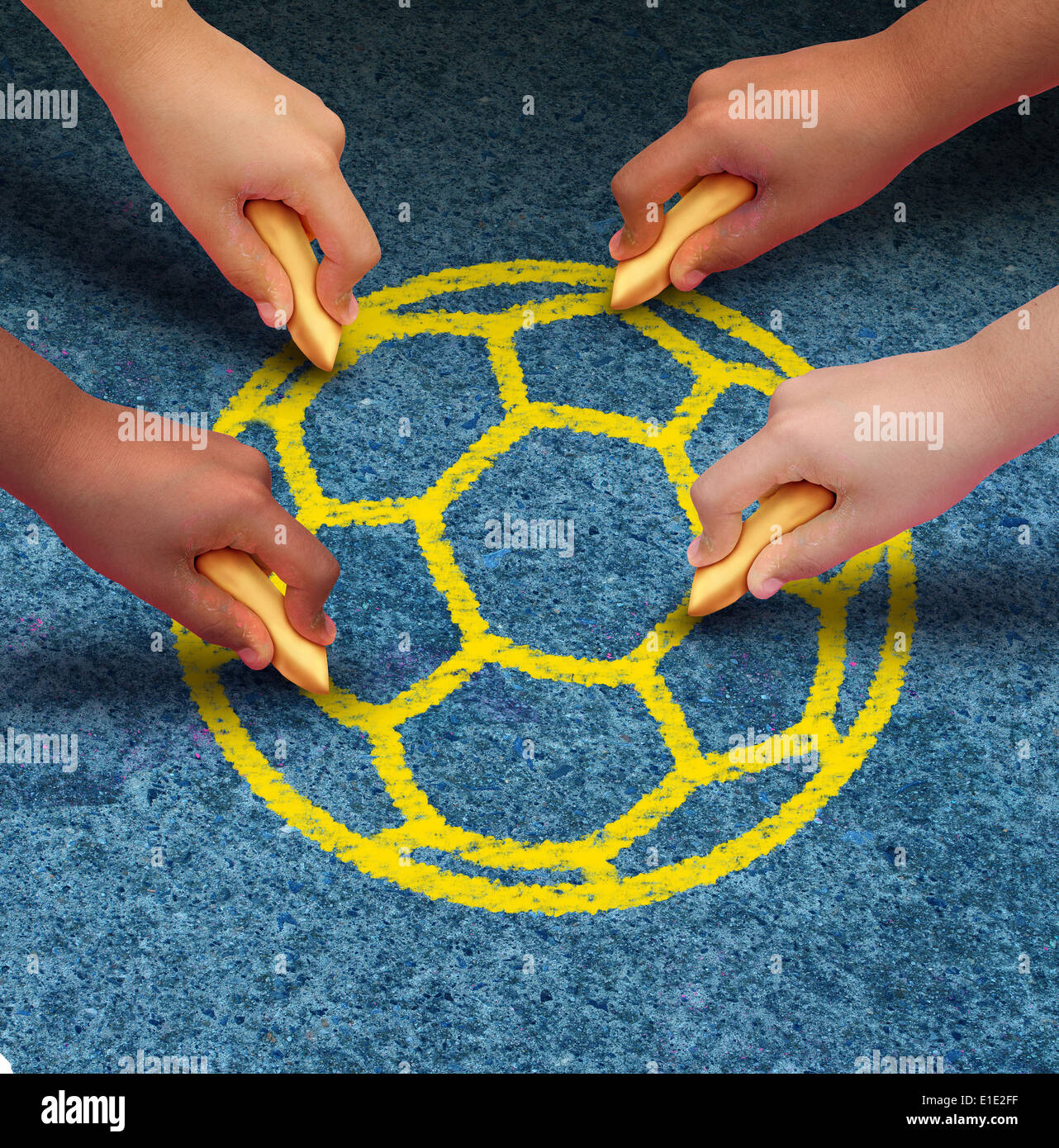 Concept de soccer communautaires comme un groupe de mains représentant les groupes ethniques de jeunes de nombreuses nations du monde chalk holding co Banque D'Images Concept de soccer communautaires comme un groupe de mains représentant les groupes ethniques de jeunes de nombreuses nations du monde chalk holding co Banque D'Images