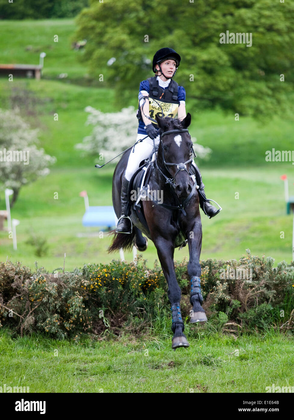 Belsay, UK. 01 Juin, 2014. Un concurrent dans le cross-country de l'article supprime un saut lors de la deuxième journée d'essais 2014 Cheval Belsay, organisé pour la deuxième année consécutive en raison de Belsay château dans le Northumberland, en Angleterre. Belsay château est géré par l'English Heritage et est ouvert au public toute l'année. Credit : AC Images/Alamy Live News Banque D'Images