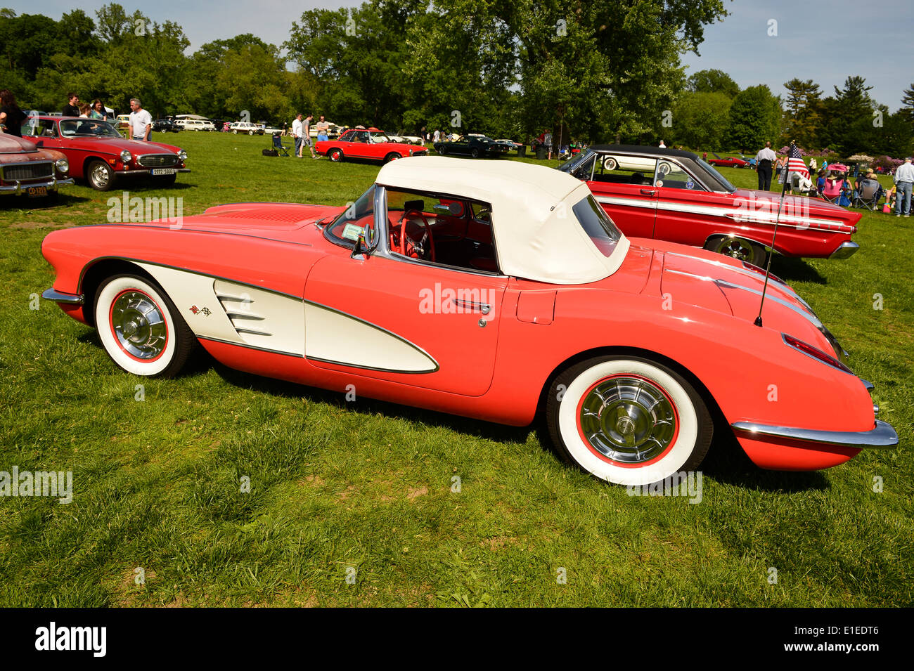 Old Westbury, New York, USA. 01 Juin, 2014. Rouge et Blanc 1958 Chevrolet Corvette, administré par Lester Ginsberg, a une entrée dans l'Antique et de Collection Auto Show organisé sur le domaine historique de l'élégant Old Westbury Gardens à Long Island, et parrainé par le grand New York Region AACA Antique Automobile Club of America. Credit : Ann E Parry/Alamy Live News Banque D'Images