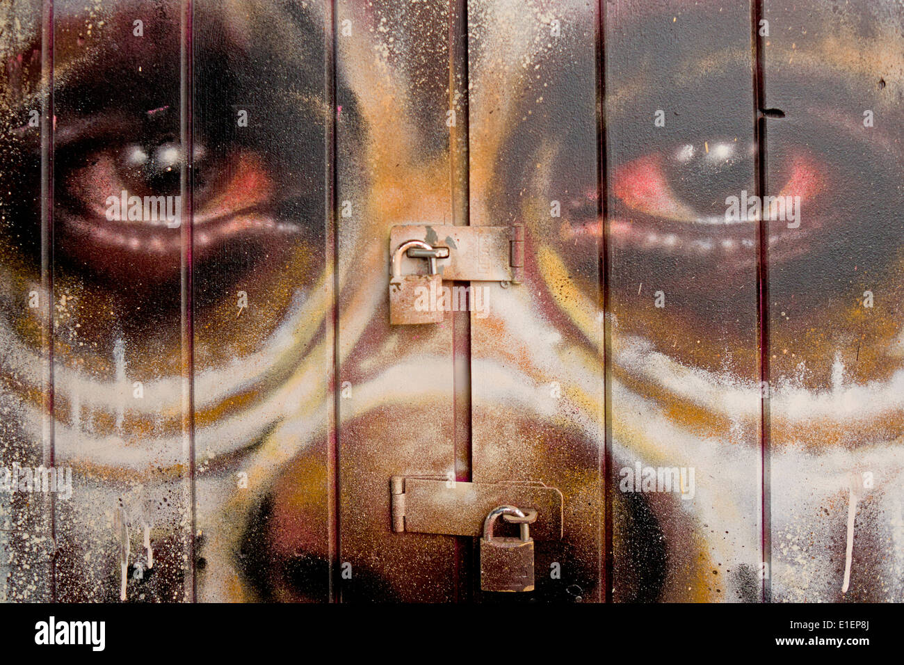 Les graffitis de rue d'un visage d'enfant dans une tribu composent, peint sur le devant d'une porte en bois cadenassée en paysage. Banque D'Images