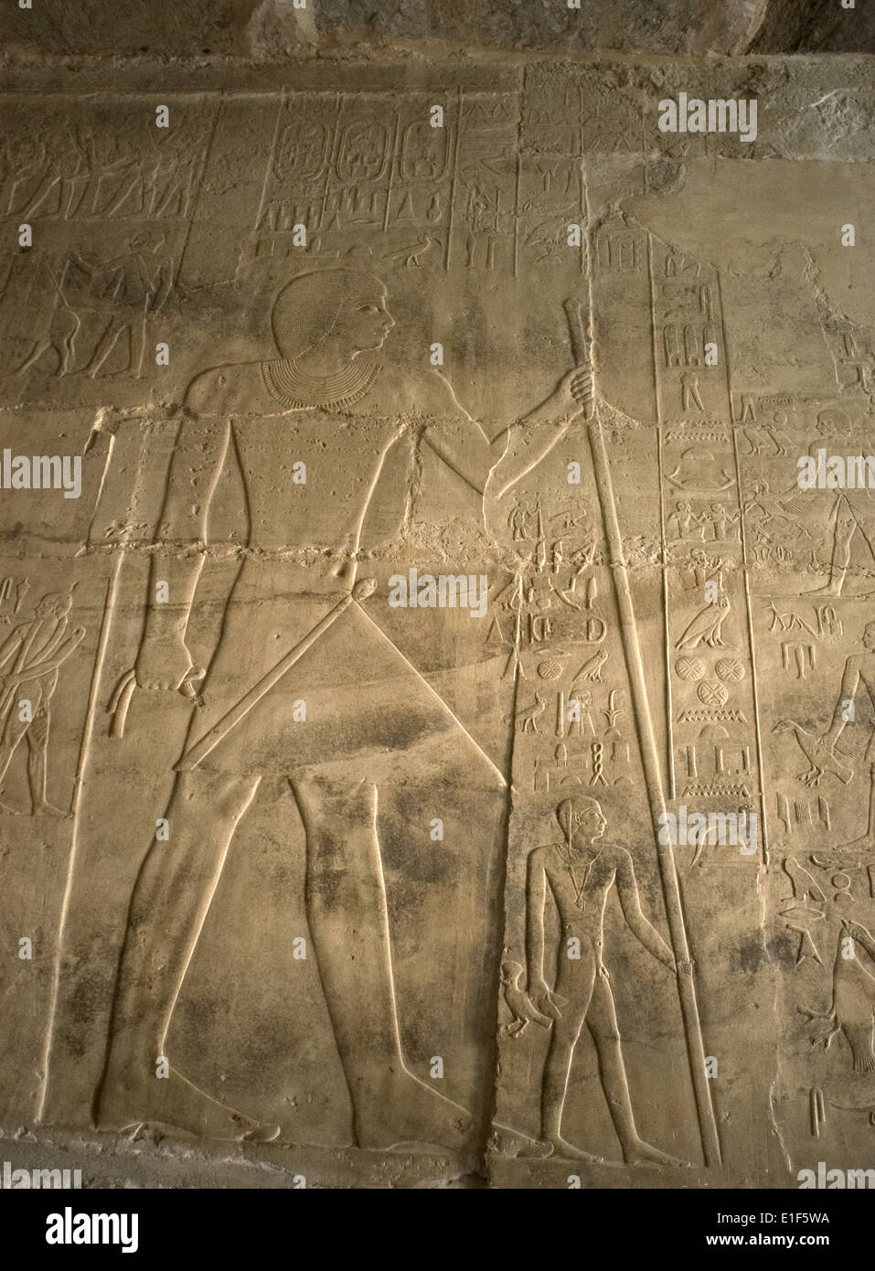 Mastaba de Ptahhotep et Akhethotep. 5ème dynastie. Soulagement lorsque le défunt est représenté debout avec canne. Saqqara. L'Égypte. Banque D'Images