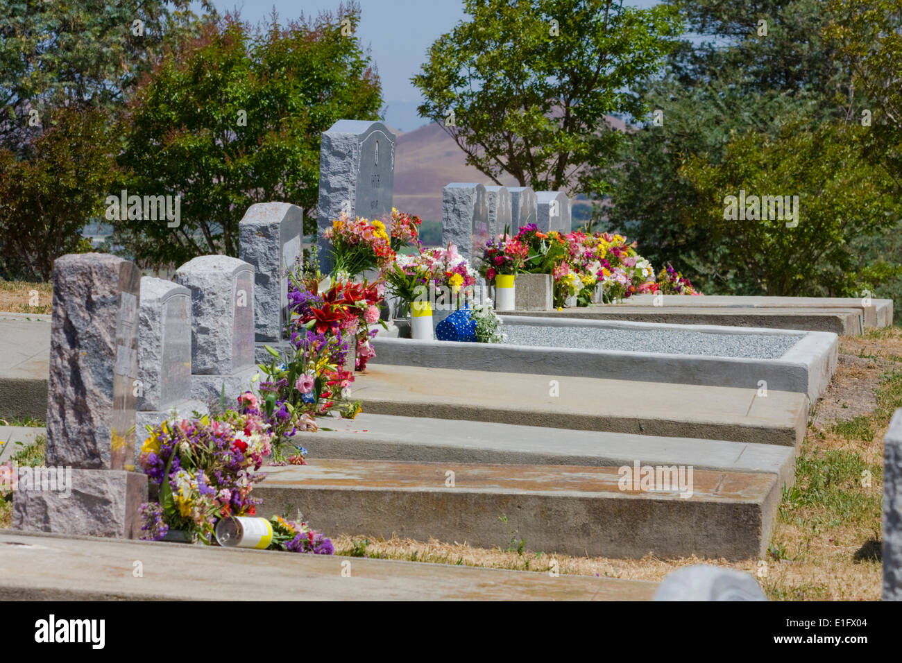 Une rangée de tombes avec des fleurs dans un cimetière de San Juan Bautista, California Banque D'Images