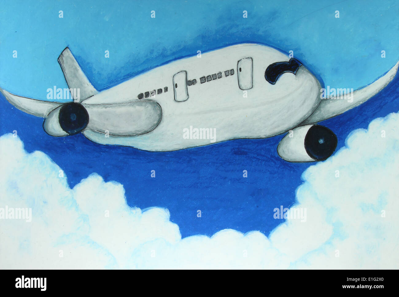 Avion en ciel bleu fond peinture Banque D'Images