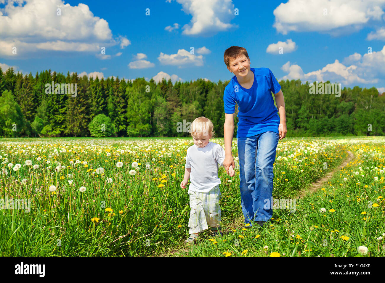 Deux frères, petit enfant et adolescent joue sur une prairie d'été Banque D'Images