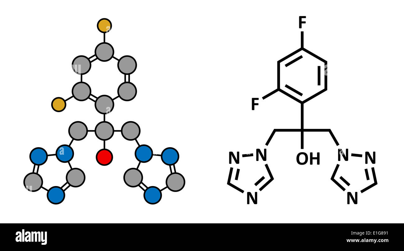 Fluconazole antifongique triazole (classe), la structure chimique. Formule topologique classique et une représentation stylisée. Banque D'Images