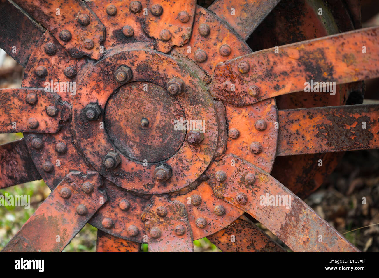 Photo gros plan de la roue du tracteur rouillé vieux rouge Banque D'Images