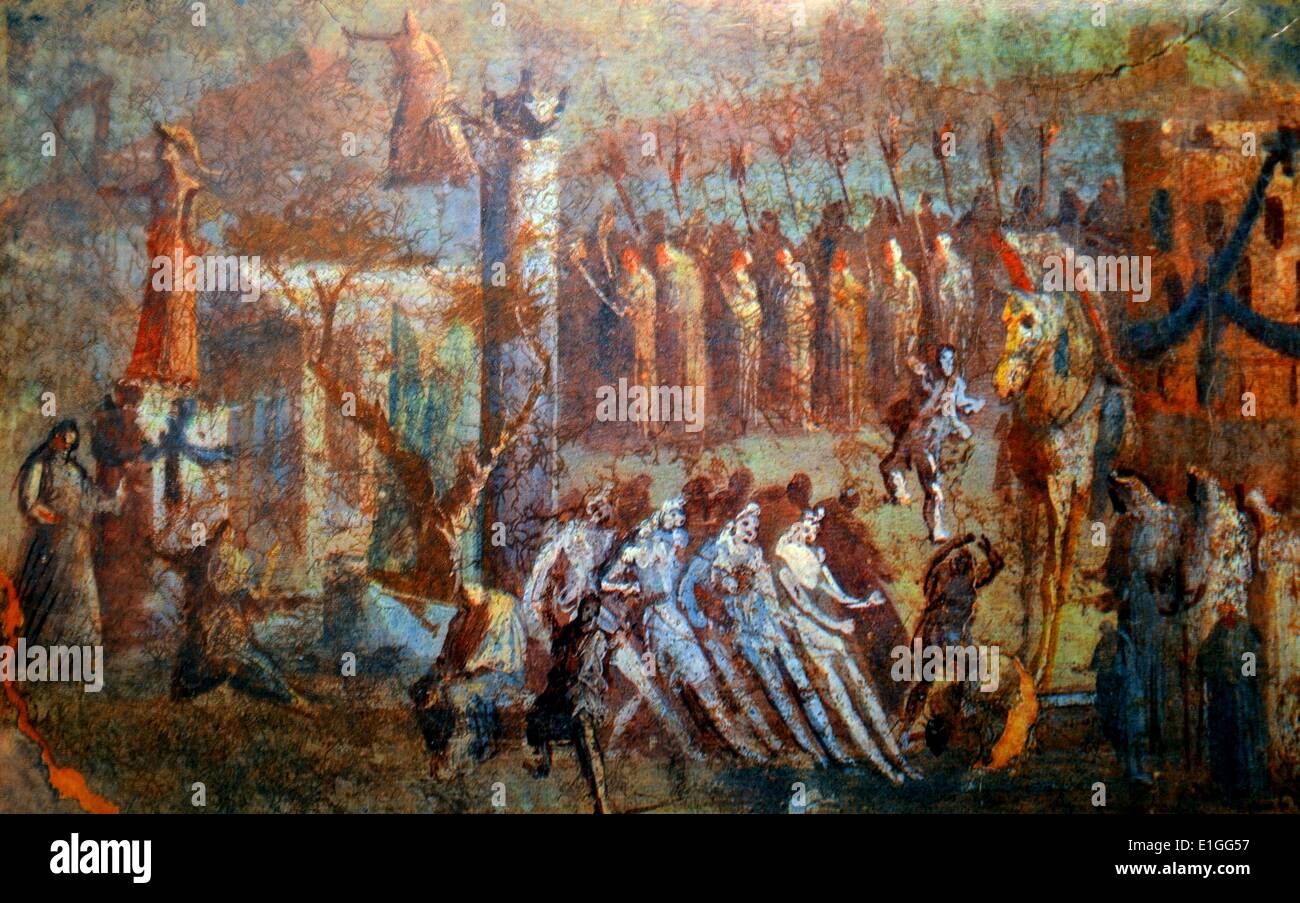 Fresque représentant l'arrivée du cheval de Troie, de Pompéi. Le cheval de Troie a été utilisé pour saisir la ville grecque de Troy datée du Ier siècle avant J.-C. . Banque D'Images