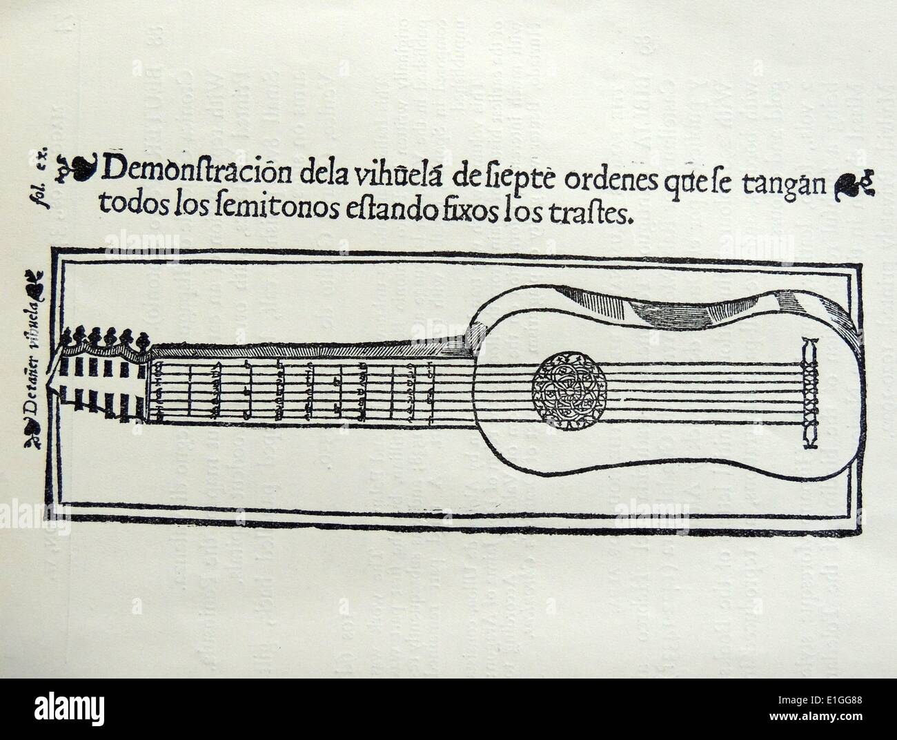 Gravure sur bois de Bermudo Declaracio de Instruments Musicales. Oussuna. Datée 1555 Banque D'Images