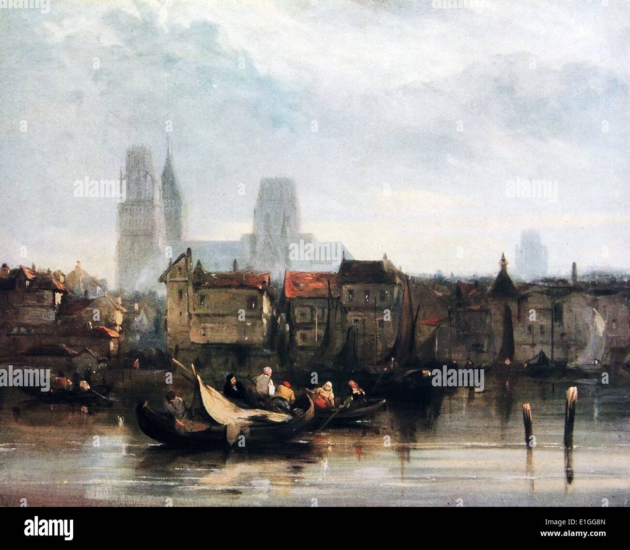 Rouen. Peinture à l'huile représentant une scène de rivière de la ville de Rouen sur la Seine, France. Par Pesne (1801 -1828) un peintre de paysage romantique. Banque D'Images