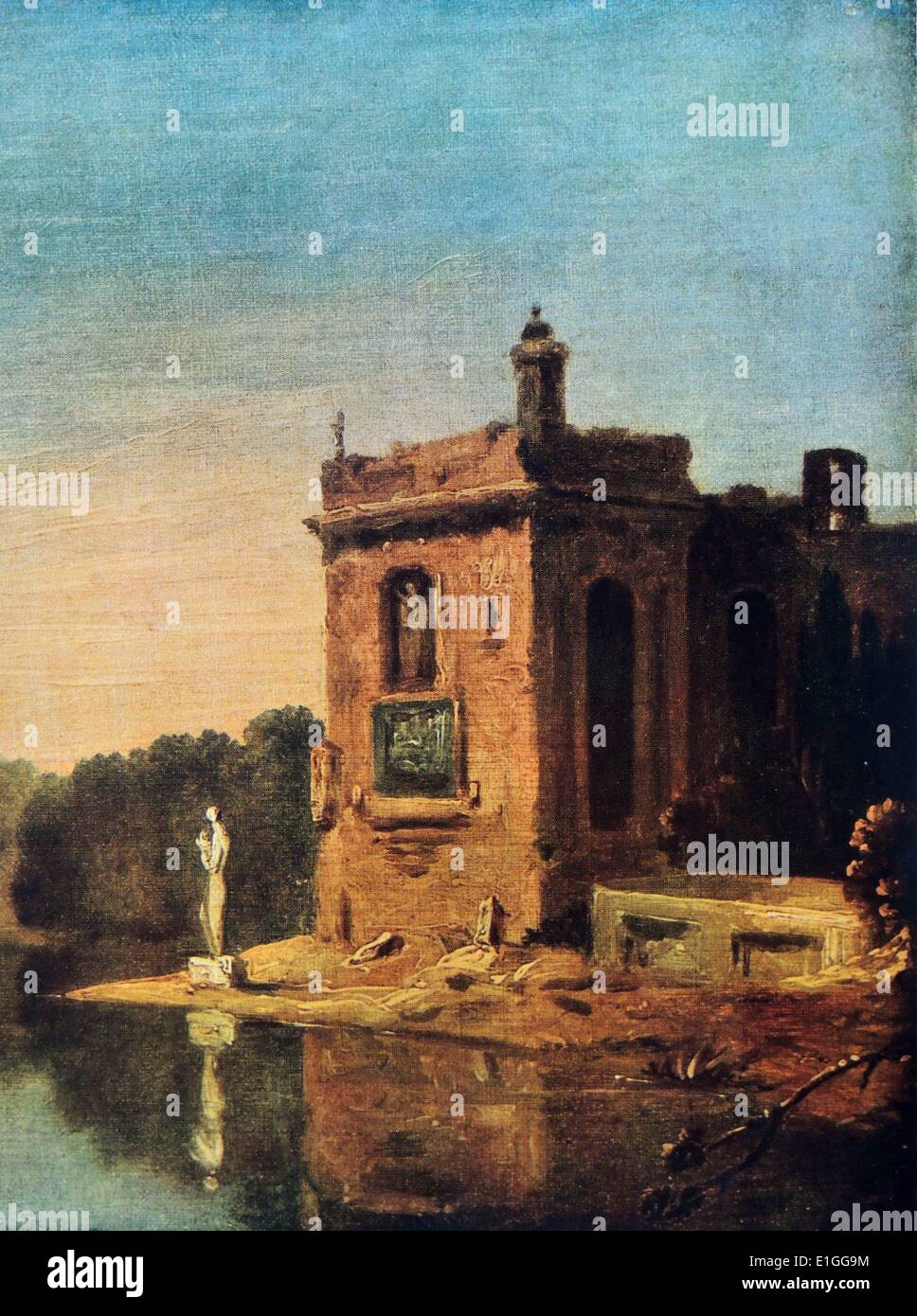 Un lac avec un pavillon et statue. La peinture à l'huile représente un pavillon et statue à côté d'un lac, quelque part en Italie. Par Richard Wilson (1714 - 1782) un peintre de paysages. Datée 1750 Banque D'Images