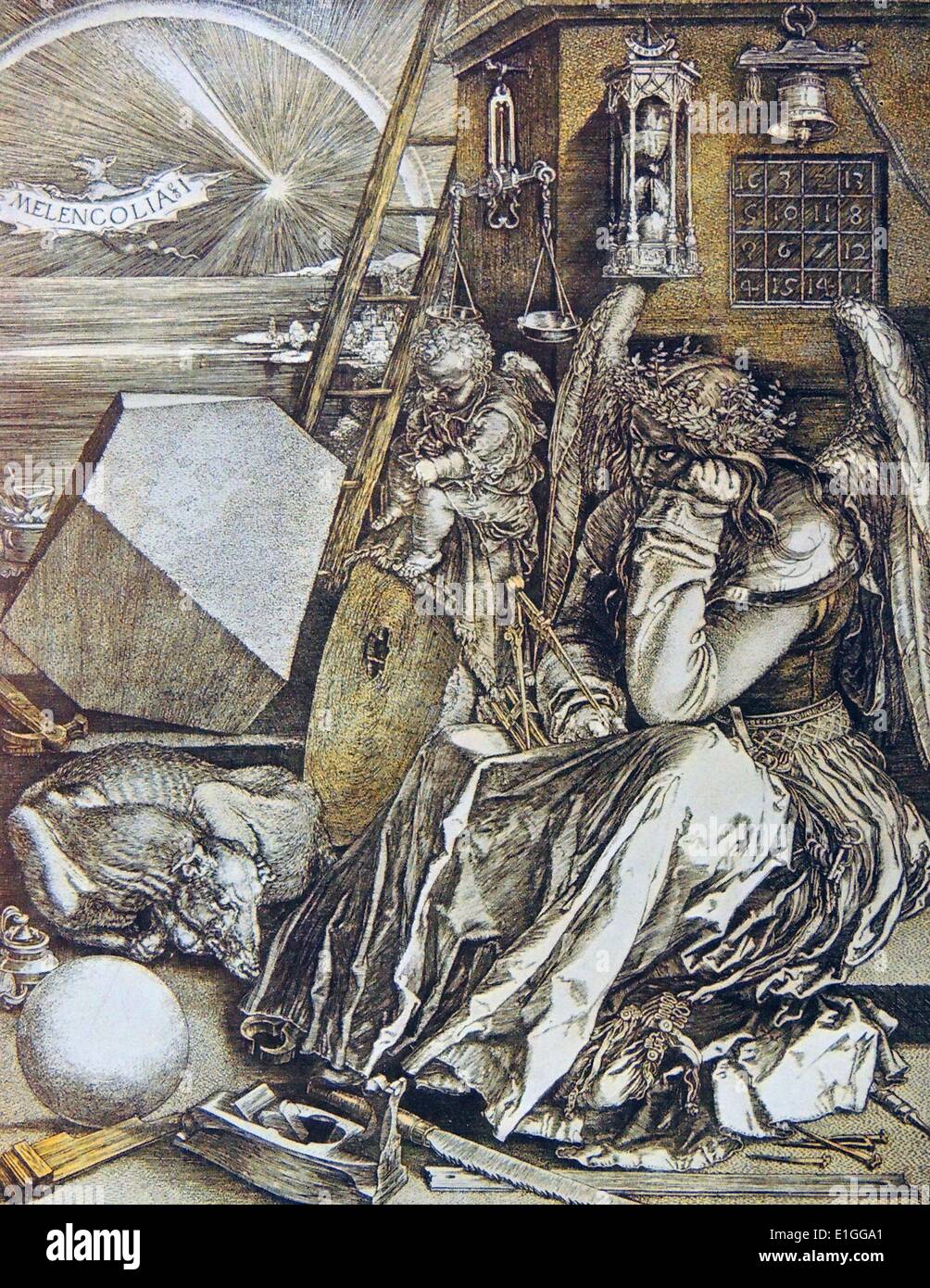 Gravure cuivre intitulé mélancolie. Par Albrecht Dürer (1471 - 1528) Peintre, graveur, et graveur. En date du 15e siècle Banque D'Images