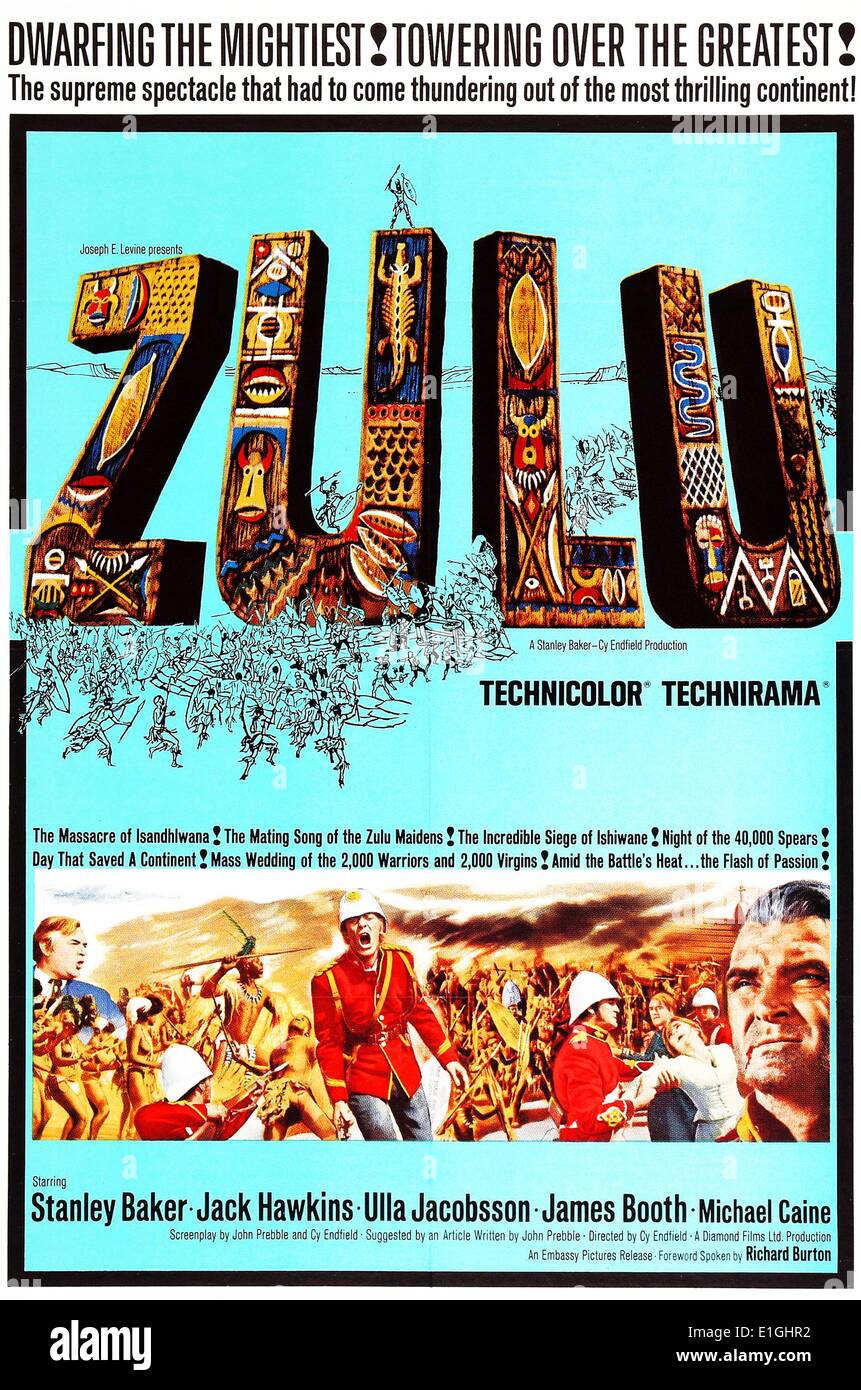 Zulu (1964) film de guerre historique britannique réalisé par Cy Endfield, co-produit par Endfield et Stanley Baker avec Joseph E. Levine comme producteur exécutif. La distribution comprend : Stanley Baker, 'présente' Michael Caine (dans son premier rôle principal) Banque D'Images