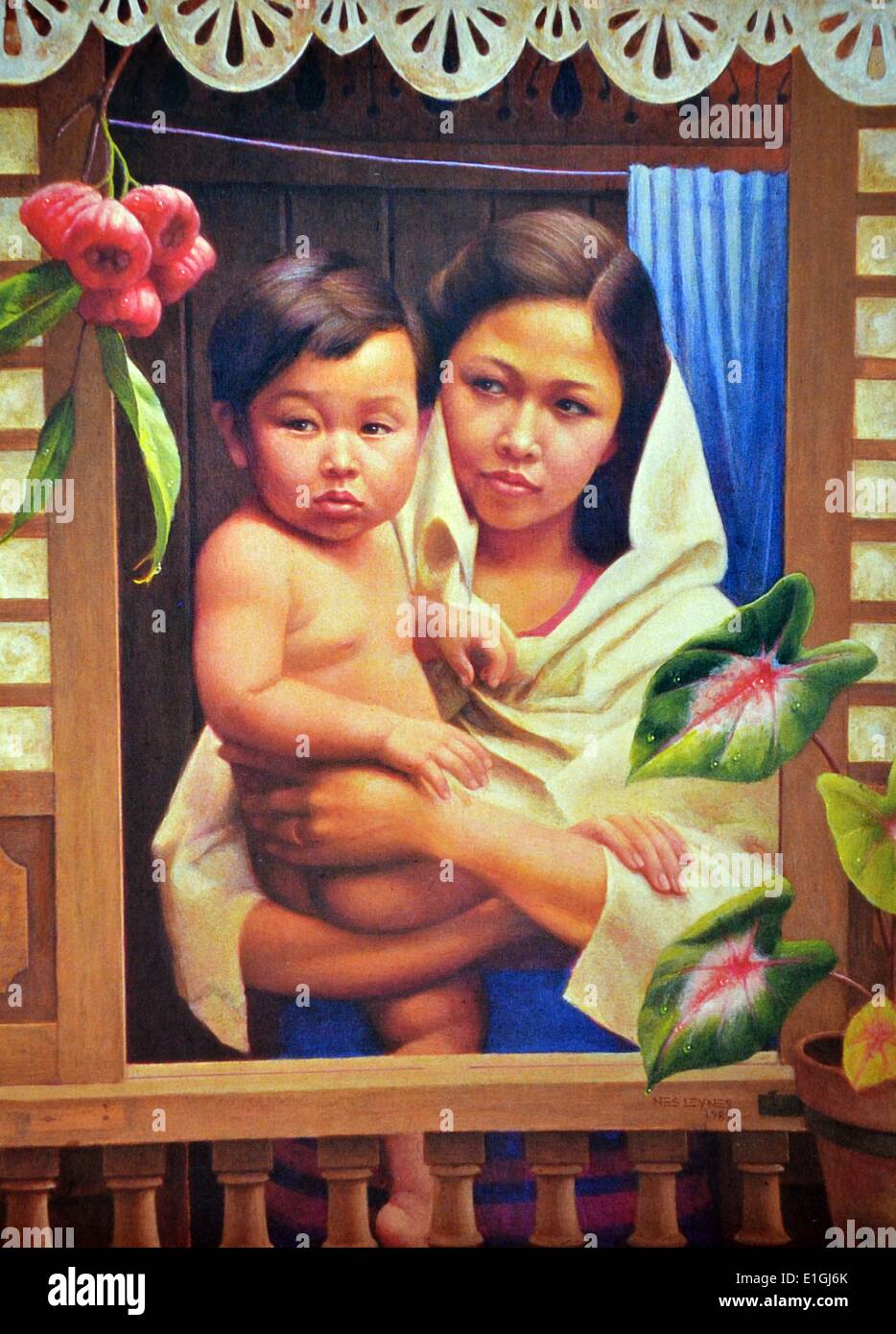 Nestor Leynes, Mère et enfant, 1989, huile sur toile. Banque D'Images
