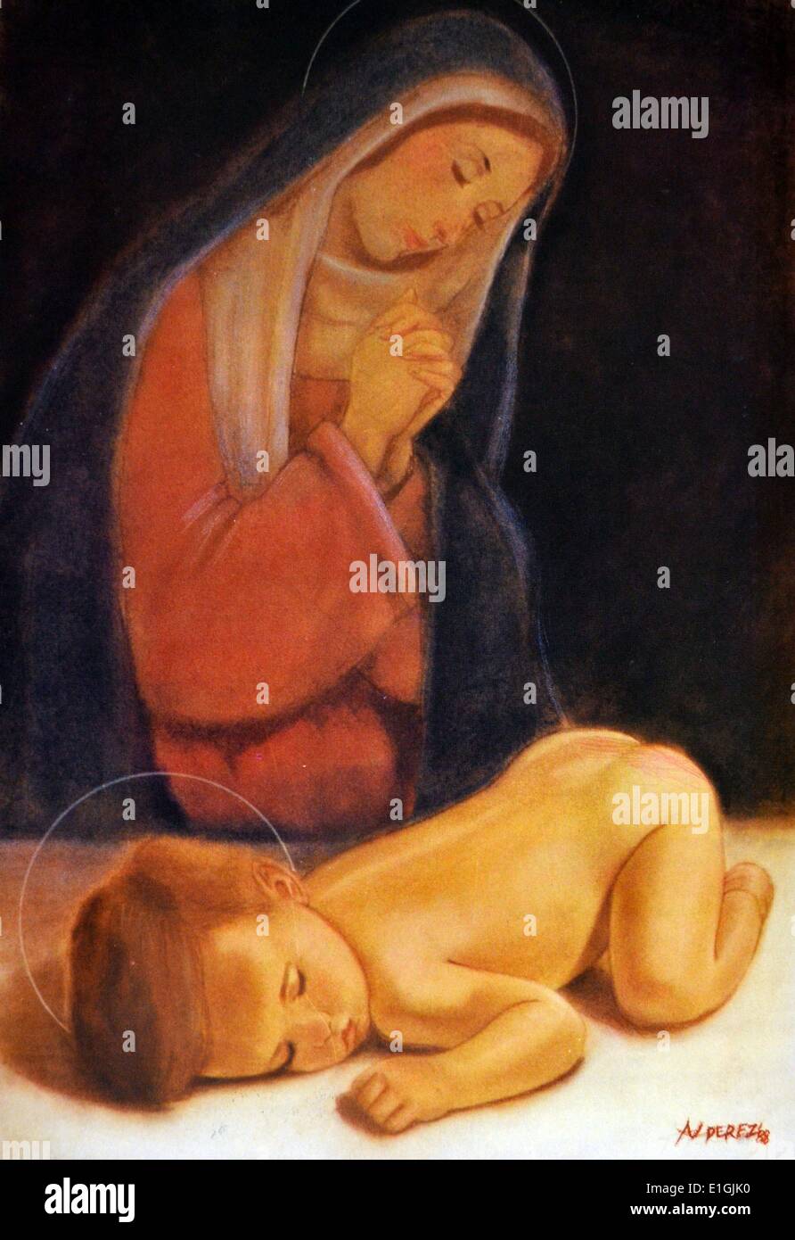 Al Perez, maman Marie et l'Enfant Jésus. 1988. Technique mixte. Banque D'Images