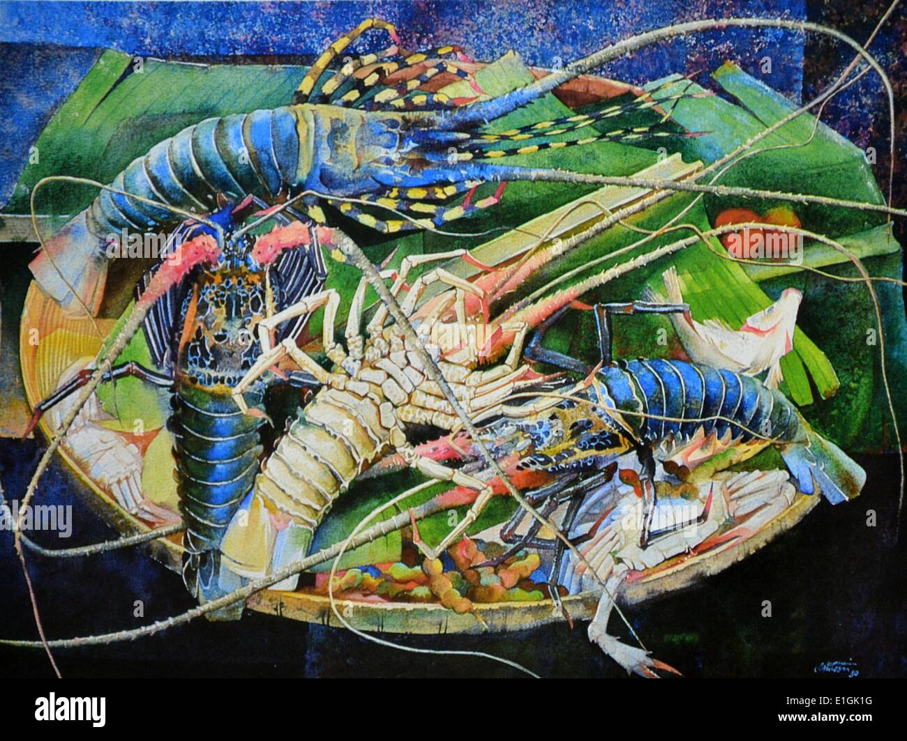 Éphraïm Samson, vie toujours avec les homards, 1980. L'aquarelle. Banque D'Images