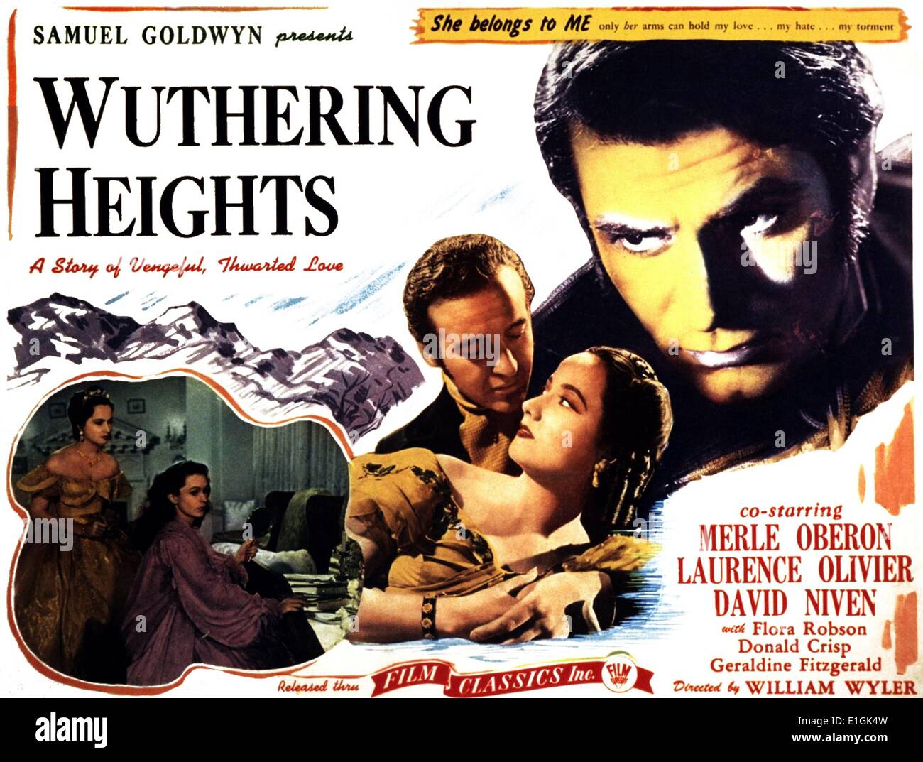 Wuthering Heights avec Merle Oberon, Laurence Olivier et David Niven un Américain 1939 noir et blanc. Banque D'Images