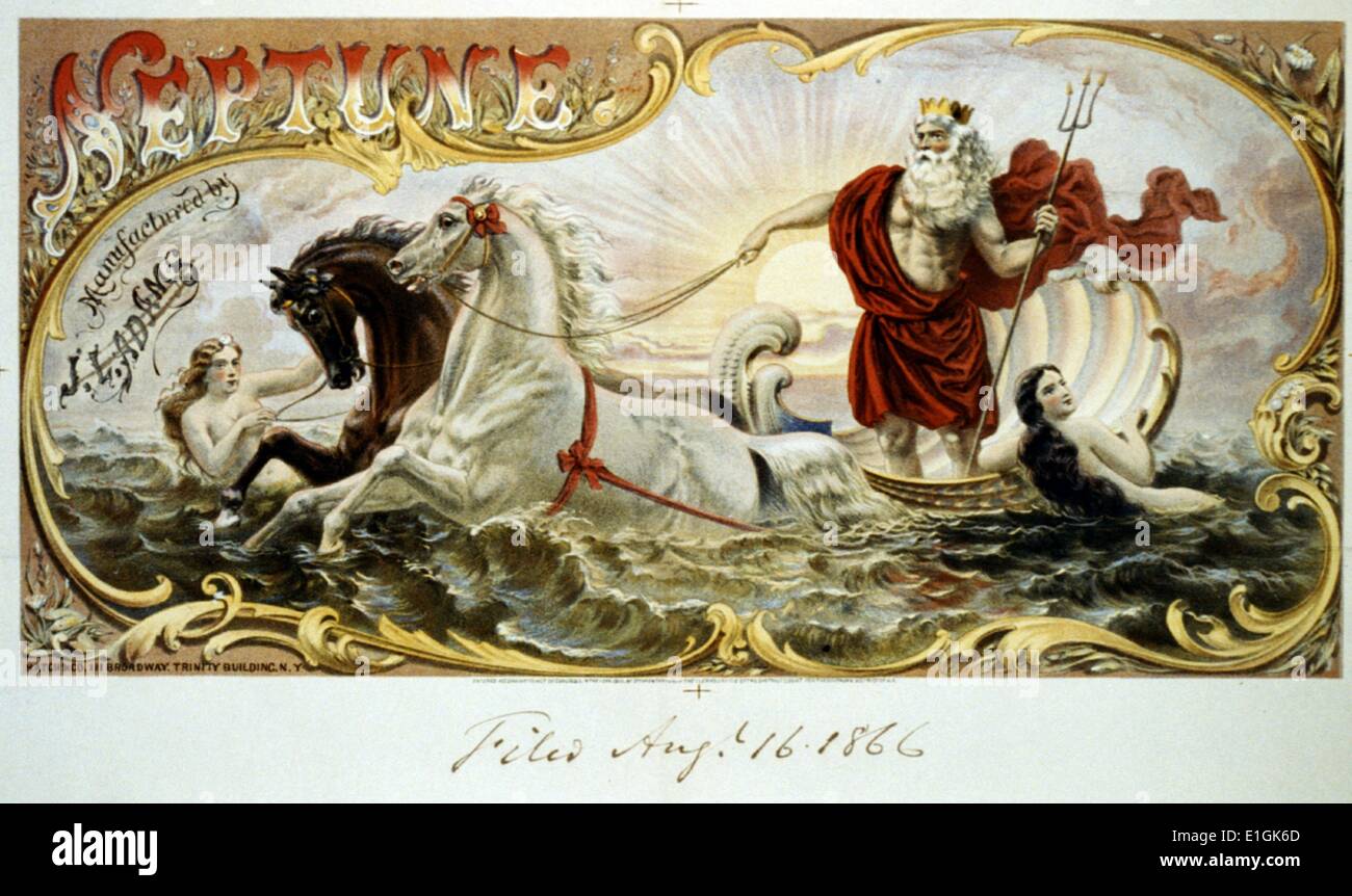 1866 label Tabac illustrée avec 2 nymphes et de chevaux tirant Neptune par l'eau. Banque D'Images