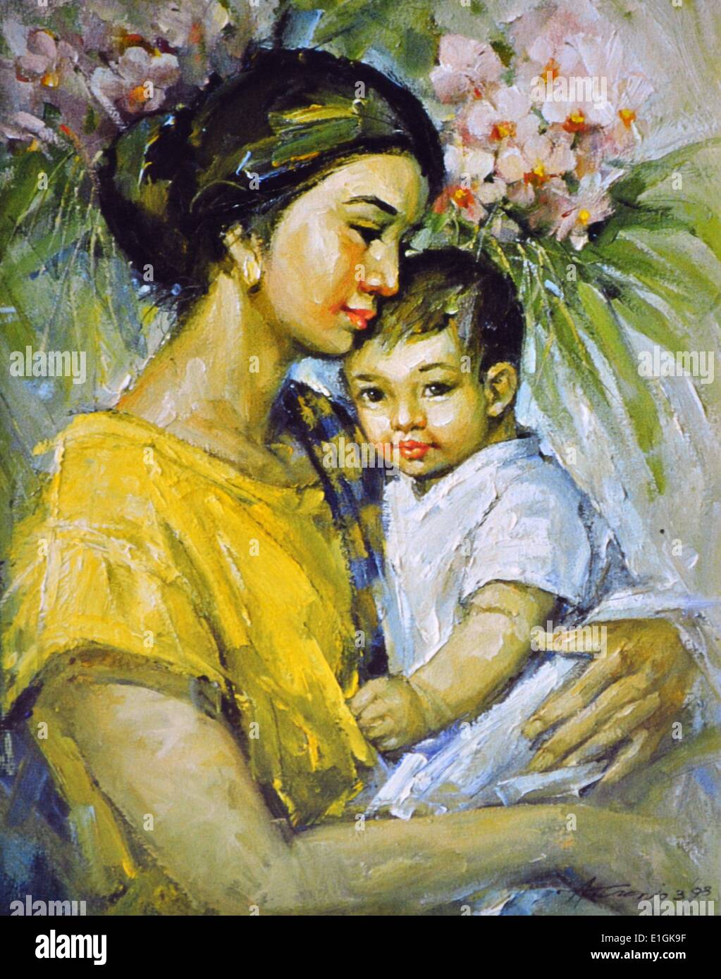 Ange Cacnio, huile sur toile, 1993, la "Mère et Enfant" Banque D'Images