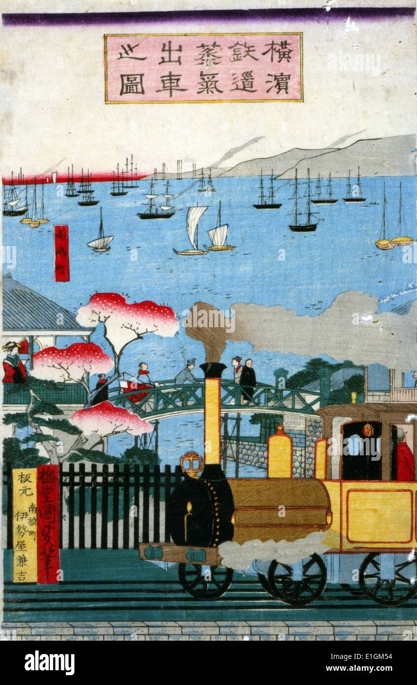Pas shussha Yokohama tetsudo joki zu (train à vapeur d'abord quitté Yokohama) par Kunisada Utagawa, 1823-1880, artiste japonais 1872. Triptyque japonais imprimer montrant un train rempli de passagers avec city, falaise, montagne, et les navires naviguant sur la mer en arrière-plan. Banque D'Images